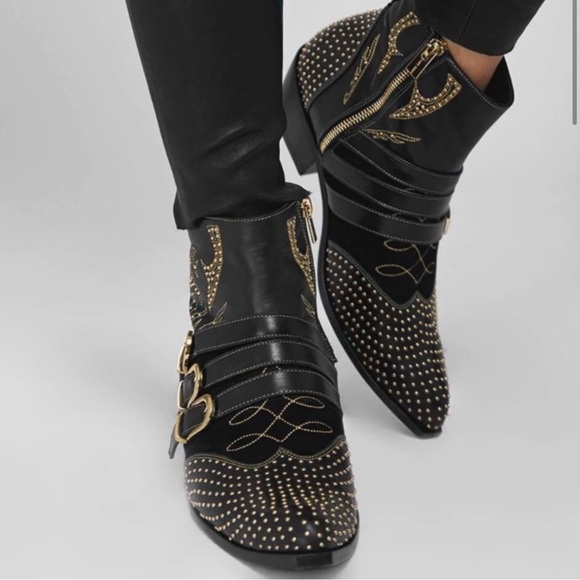 ANINE BING (Chloe-style) Black and Gold Ankle Boots Western leather booties - Picture 1 of 8
